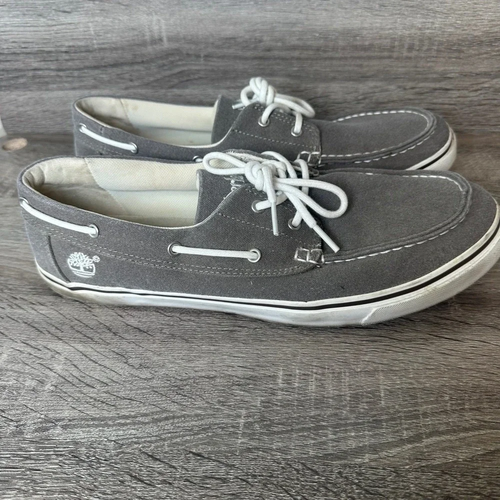 Timberland Sneakers Mens 11.5 Grey Canvas Boat Shoes Low Top Loafers Casual READ